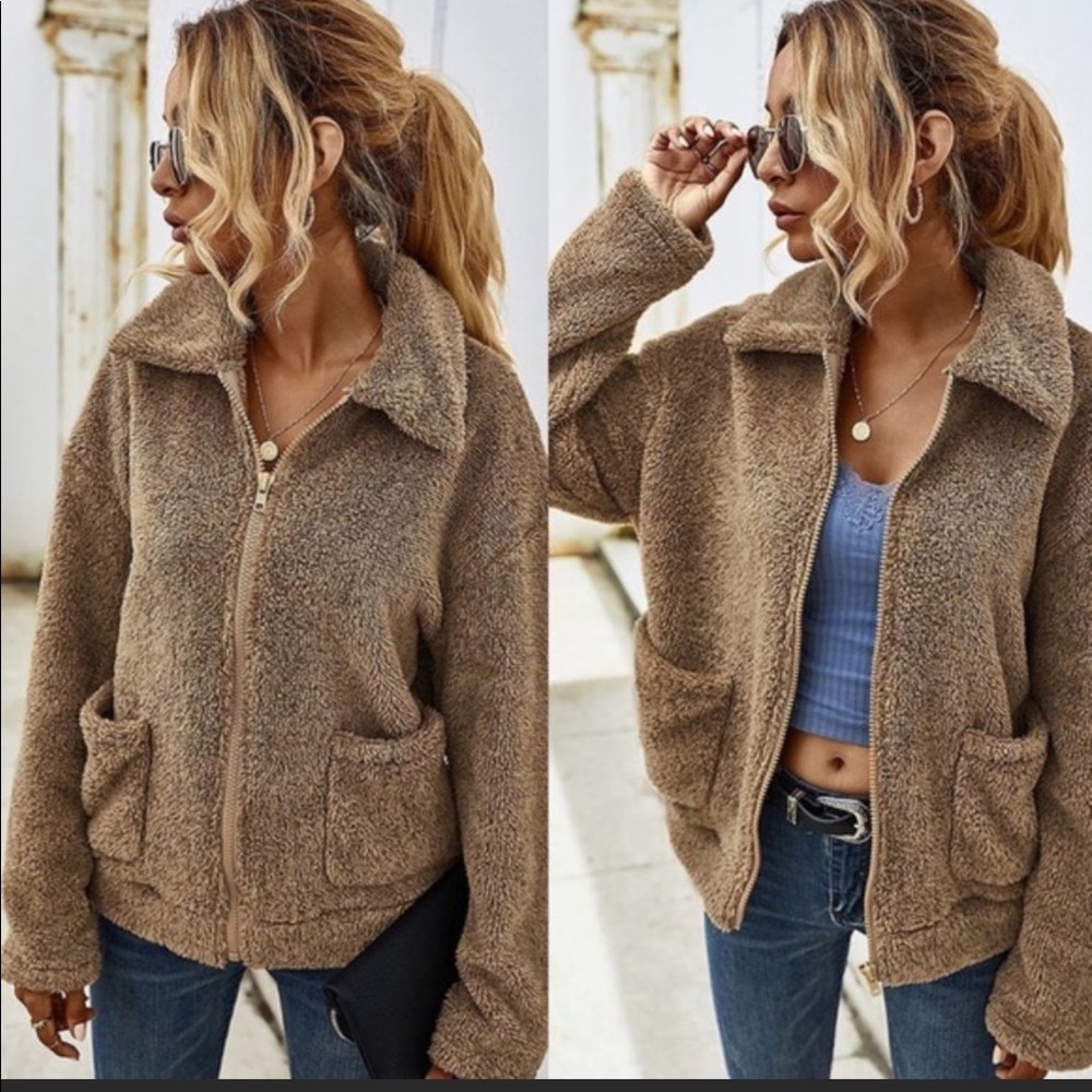 Khaki colored faux fur jacket